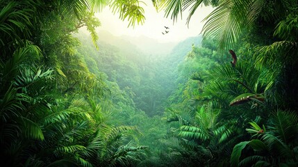 Lush tropical forest canopy view. Deep valley seen through dense foliage. Sunlight filters through the trees