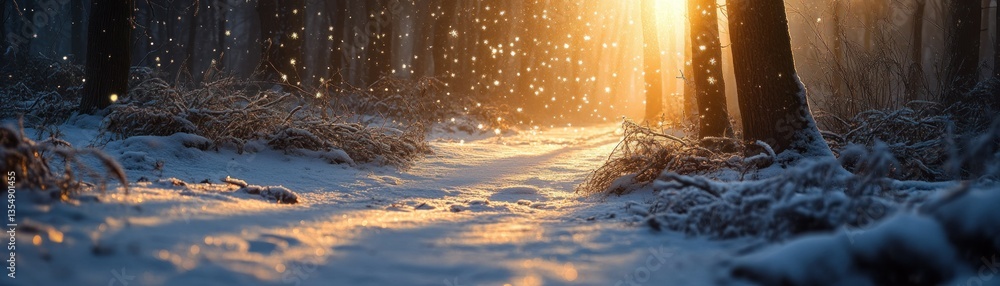 Poster snowy forest path illuminated by golden light and sparkling particles