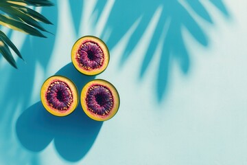 Naklejka premium Vibrant, sliced fruit with intricate patterns rests against a blue background, casting playful shadows from nearby foliage.