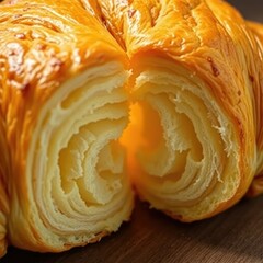 Fototapeta premium Croissant layers separating from each other as the light shines through the crack in this baked pastry, fresh, flaky, baking