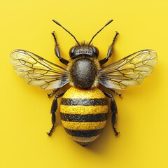 A macro shot of a bee with striking yellow stripes on a vibrant yellow background, showcasing its intricate wings and body details.