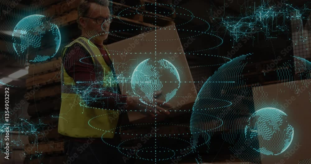 Poster handling box, warehouse worker with digital globe and network animation overlay