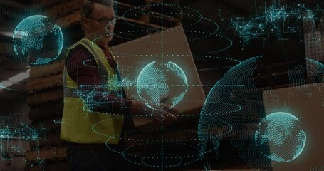 Handling box, warehouse worker with digital globe and network animation overlay - Powered by Adobe