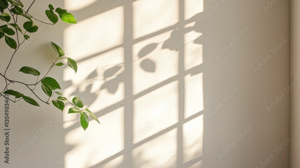 Aufkleber sunlight shines through window creating shadows on a white wall