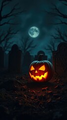 Fototapeta premium A lone jack-o-lantern casts an ethereal glow on crumbling headstones in the dead of night, creepy, gothic