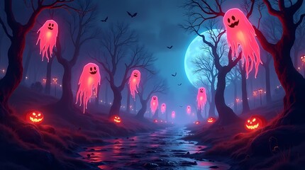 Obraz premium Spooky Ghosts in Dark Haunted Forest with Full Moon