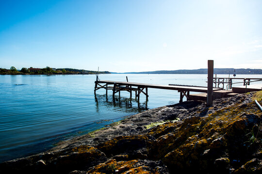 Small Wooden footbridges in island Lindoya in Oslo Fjord, Norway