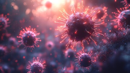Spiky virus particle surrounded by glowing shields representing and protection