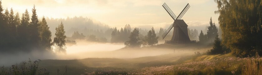 Fototapeta premium A traditional windmill stands majestically in a foggy rural landscape