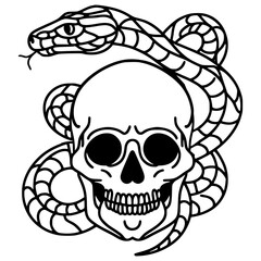 snake and skull, one line art, isolated on white