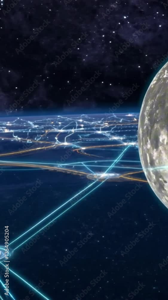 Wall mural vertical 9:16 a massive moon, split into colossal fragments, floats in space. bright energy tethers 