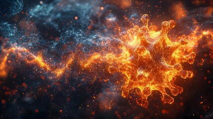 Glowing virus particle dissolving under nanobot attack