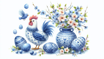 Vintage Easter rooster, Chinese blue bowl, eggs decorated with blue pattern. Watercolor drawing. Sakura branches and pink flowers. White background.