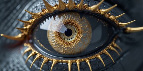 A close up of a dragon's eye with gold spikes.