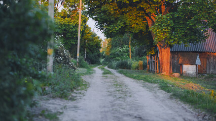 Gravel road winding through verdant landscape, revealing picturesque village illuminated by golden sunset light