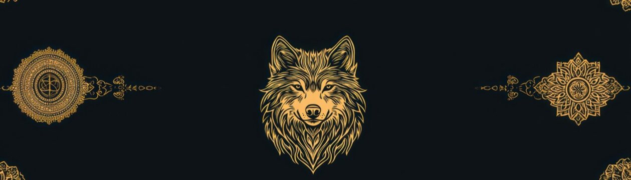A decorative illustration featuring a majestic wolf and ornaments on black