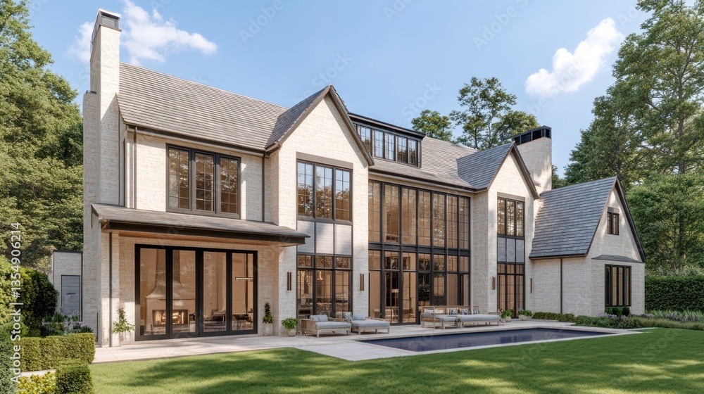 Poster a large modern home featuring large windows and a pool