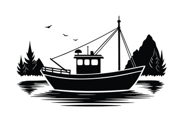 Fishing boat on a sea vector silhouette