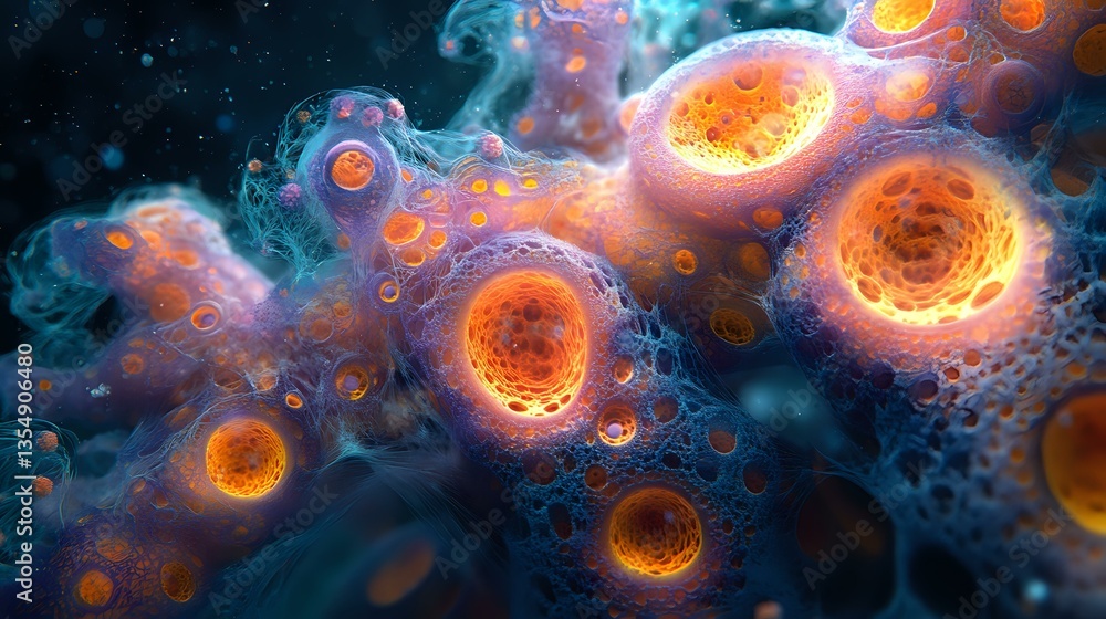 Poster glowing orange spherical cells with luminous cores floating in dark blue cosmic space surrounded by 