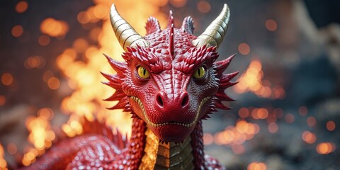 A red dragon with gold accents stands in front of a fire