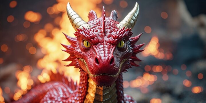 A red dragon with gold accents stands in front of a fire