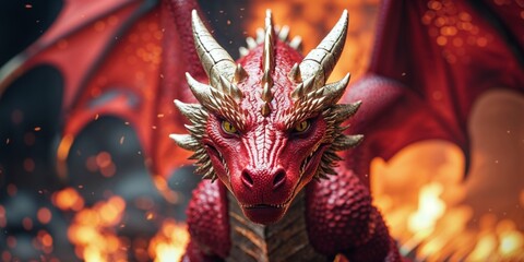 A red dragon with gold accents stands in front of a fire.