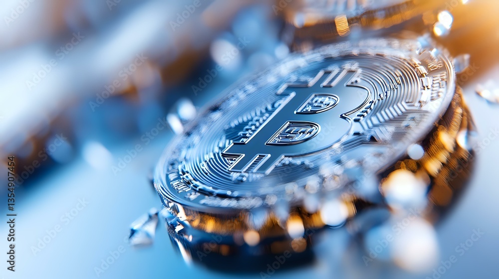 Poster macro shot of metallic bitcoin cryptocurrency coin with golden and blue tones, showing intricate cir