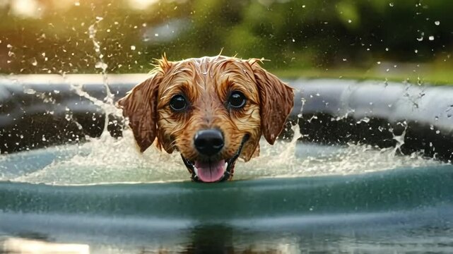 Happy Dog Summer Splash: A Golden Retriever Puppy Enjoys a Refreshing Dip in a Kiddie Pool