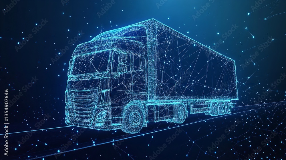 Poster digital wireframe truck on a dark blue background with connecting lines and glowing dots effect