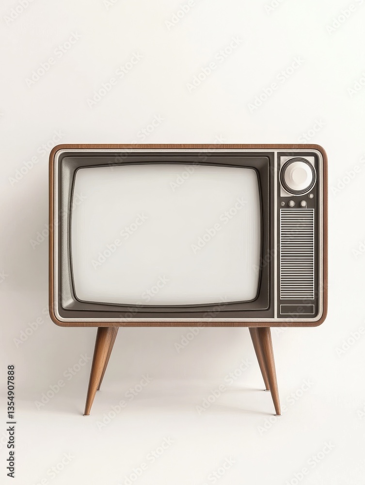 Poster retro tv with a blank screen, mockup design set against a clean white background, shadow cast at the
