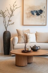 Serene, minimalist living room.  A peaceful space featuring natural elements