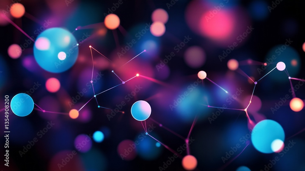 Poster vibrant abstraction with colorful spheres and interconnected lines creating a dynamic visual composi