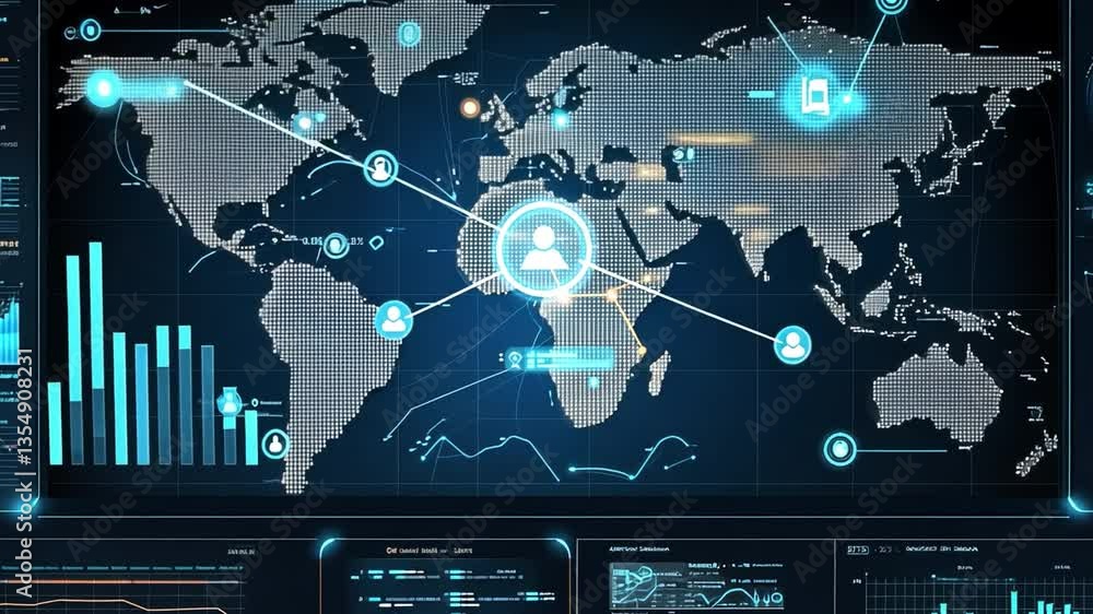 Poster global data: a futuristic depiction of a global network, highlighting interconnected data streams an