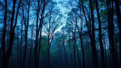 Obraz premium Softly glowing blue and green hues illuminate the atmosphere of a serene forest at dusk, hues, atmospheric