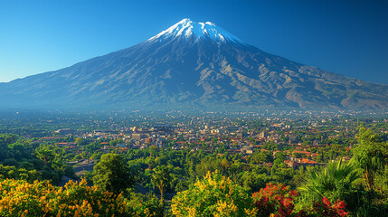 Fototapeta premium High-angle panoramic view of Volcano Mountain and a city around its plain.
