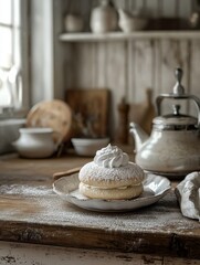 swedish semla on a old beautiful wooden kitchen top, sprinkled powdersugar