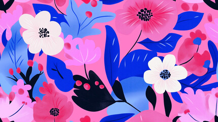 A colorful seamless floral pattern with blue and pink flowers. The flowers are arranged in a way that creates a sense of movement and energy. Scene is cheerful and uplifting.