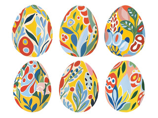 A set of six colorful eggs with flowers and leaves on them