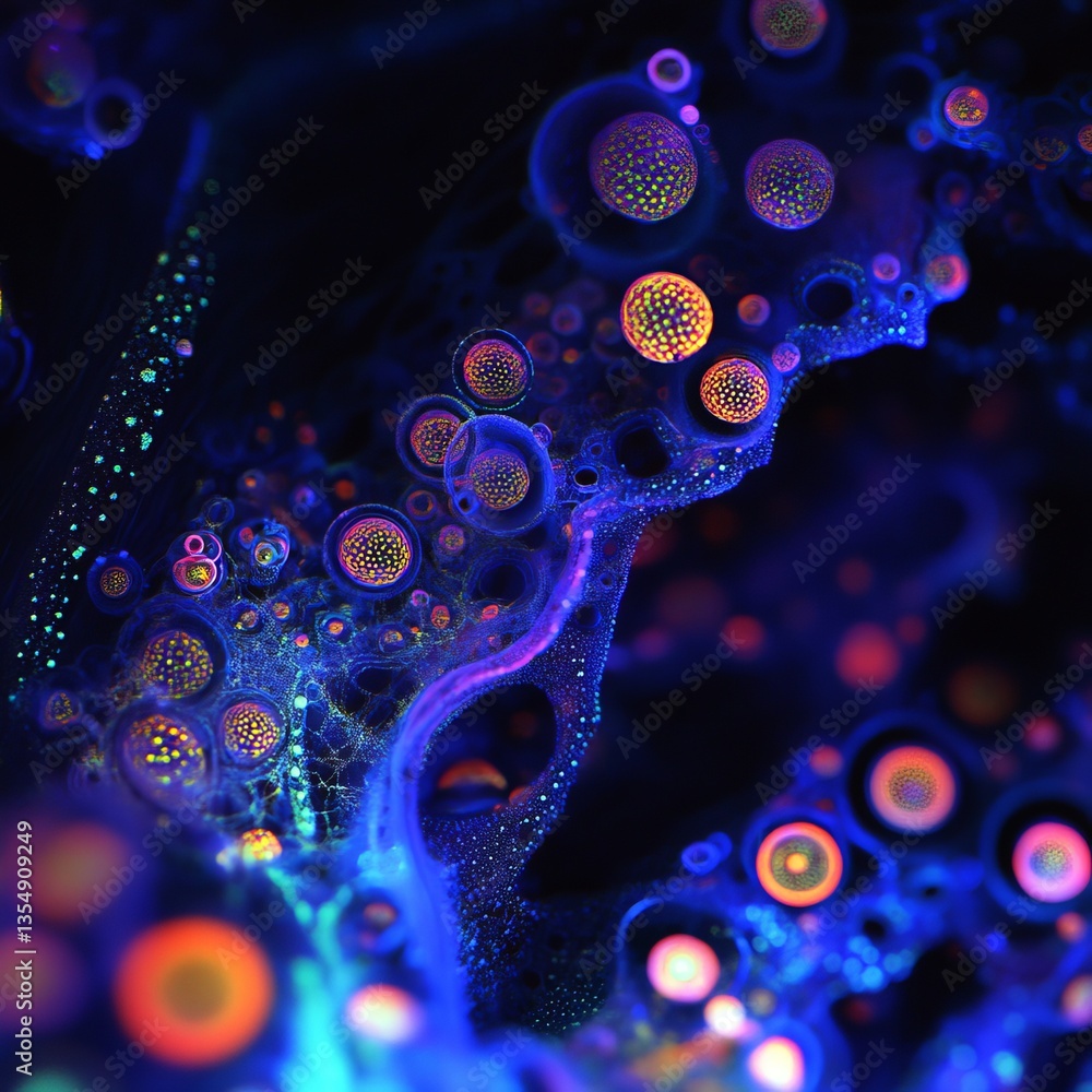 Poster vibrant abstract representation showing colorful spheres amidst a dark background with swirling patt