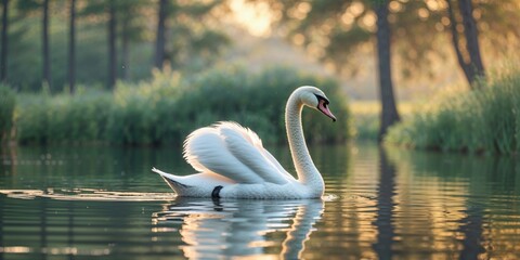 Fototapeta premium Majestic swan gliding gracefully across serene waters during golden hour in a tranquil natural setting.