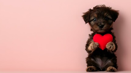 Adorable Yorkshire terrier puppy holding red heart shape against pink background. Sweet pet portrait for Valentine's day cards and romantic designs.
