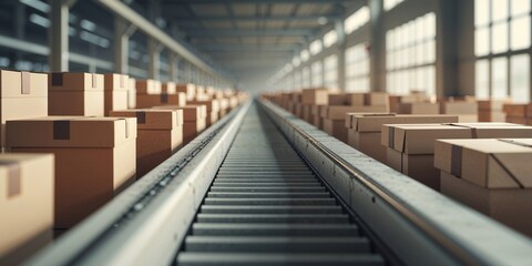 Obraz premium Brown paper boxes arranged on a conveyor belt in a modern warehouse setting with soft lighting