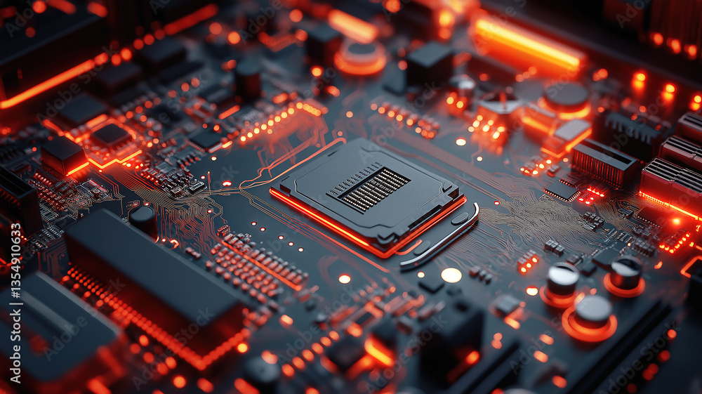 Poster close-up of a computer motherboard with components like cpu, ram, and circuit connections clearly vi