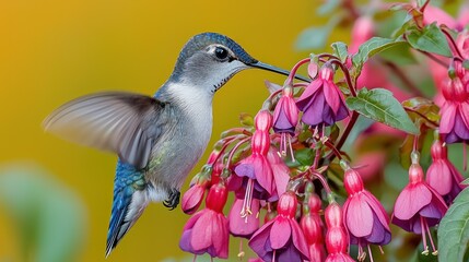 Naklejka premium Hummingbird feeding on fuchsia flowers in garden
