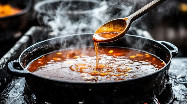 Steaming hot stew being poured from wooden spoon into pot