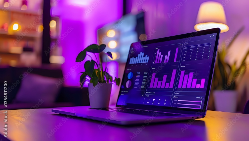 Poster laptop displaying financial analytics dashboard with purple ambient lighting and decorative plant, s