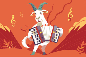 A whimsical illustration of a jovial, anthropomorphic goat in vintage cartoon style, merrily playing a squeezebox accordion.