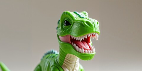 Fototapeta premium A green dinosaur toy with a mouth open and teeth showing.
