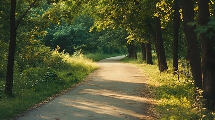 Naklejka premium A serene pathway winding through a lush green forest, inviting exploration and tranquility in nature's embrace.