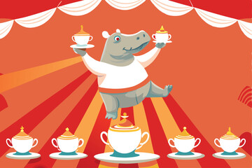 A whimsical cartoon illustration of a vintage-style hippopotamus precariously balancing multiple teacups.  Focus on detailed, expressive eyes and a charmingly clumsy pose.